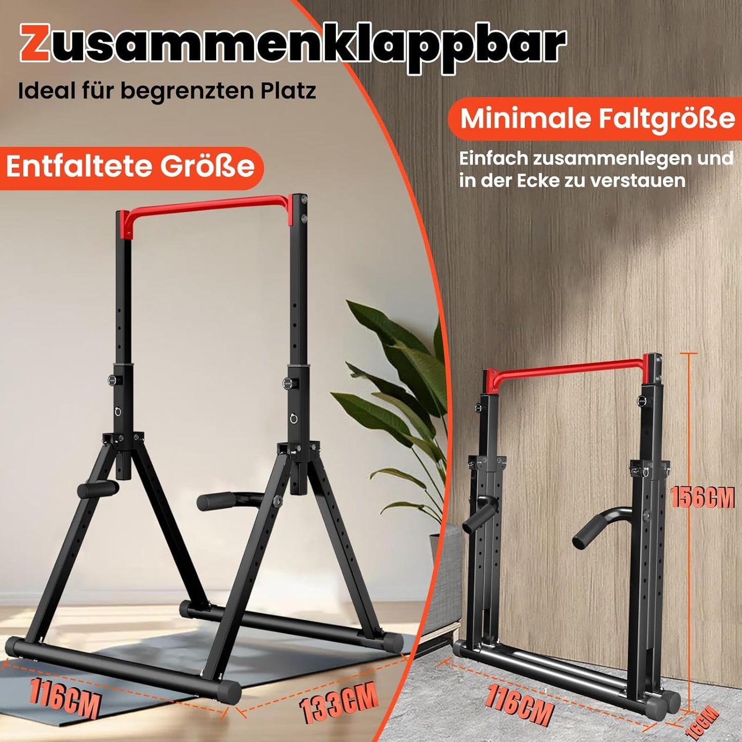 Faltbare Power Tower Dip Station höhenverstellbar, Schwarzer Stil 3-rote