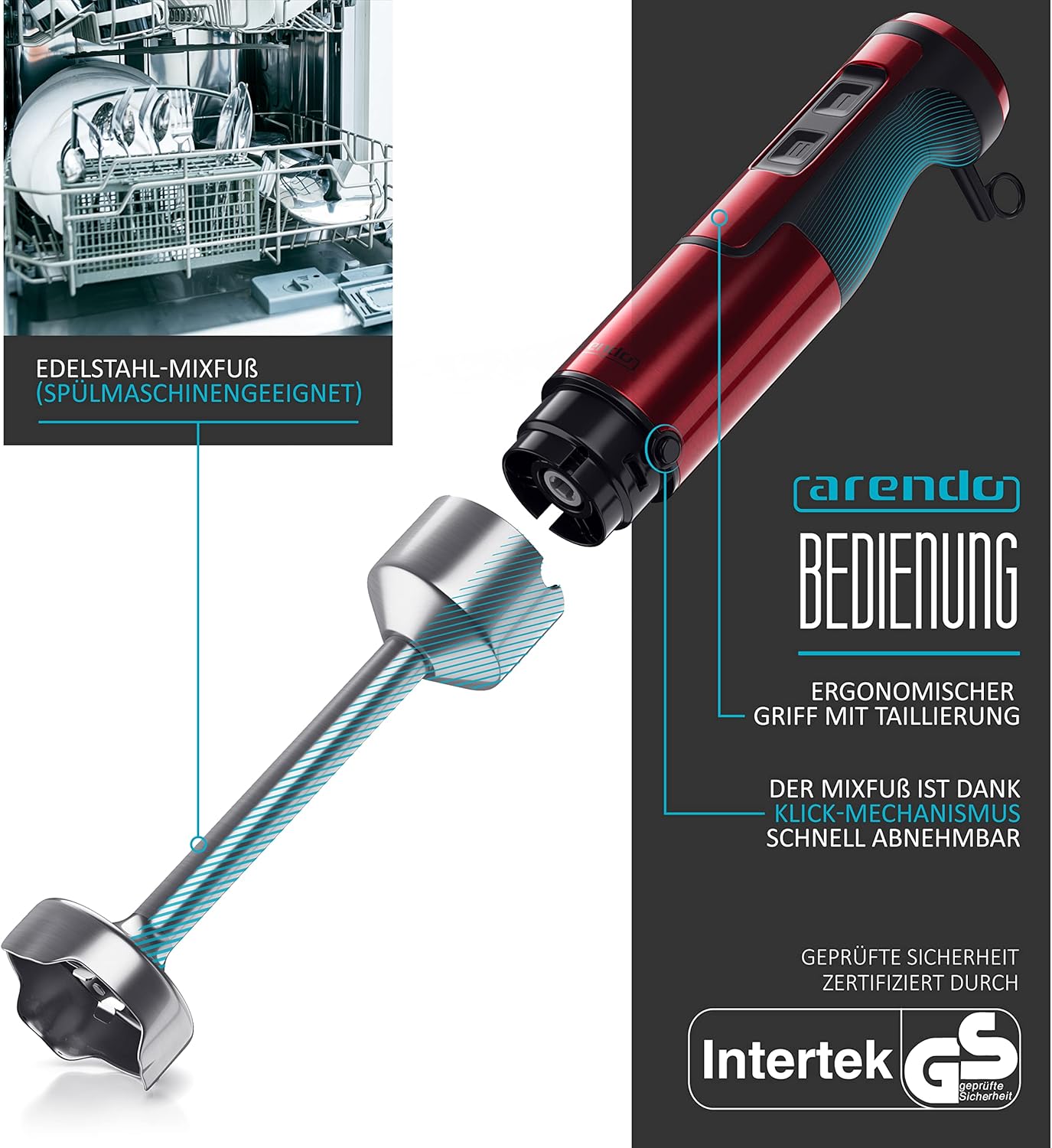 Stabmixer 1000W mit Turbotaste & Mixfuss abnehmbar, D: Rot Edelstahl