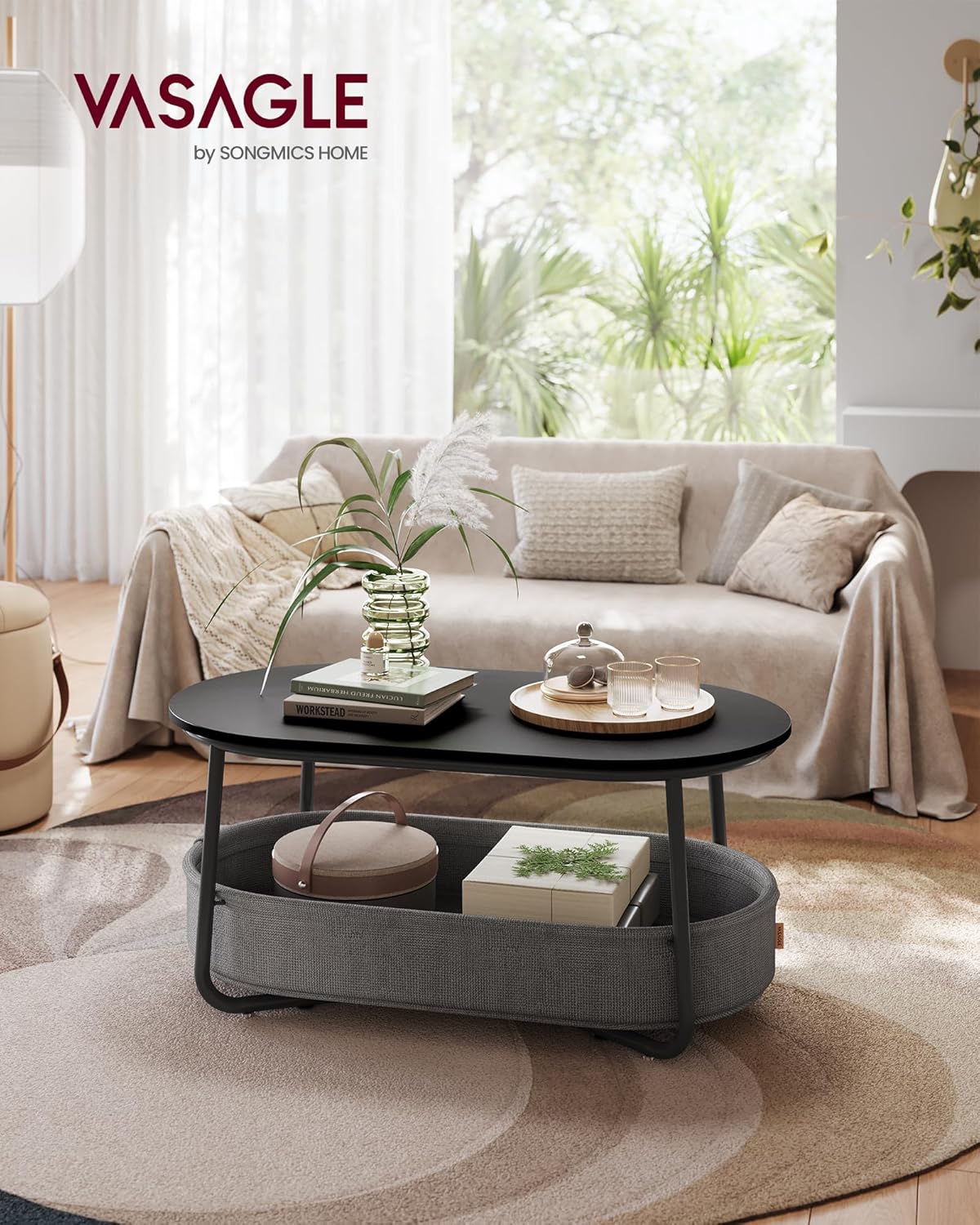 Ovaler Couchtisch mit Stauraum und Stoffkorb, LCT222B56, Tintenschwarz + Schiefergrau oval