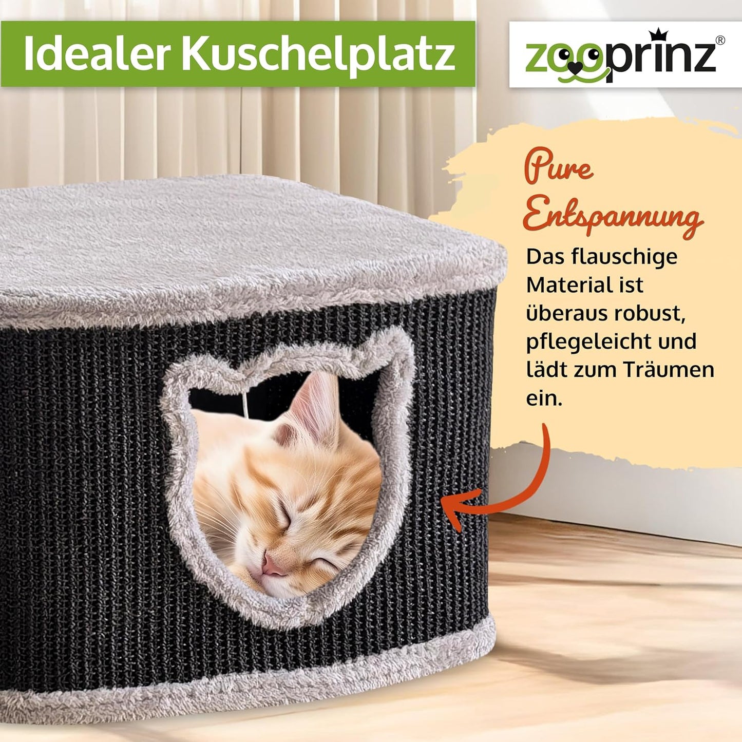 Premium Katzenhaus mit Sisalwänden und Plüsch, Schwarz