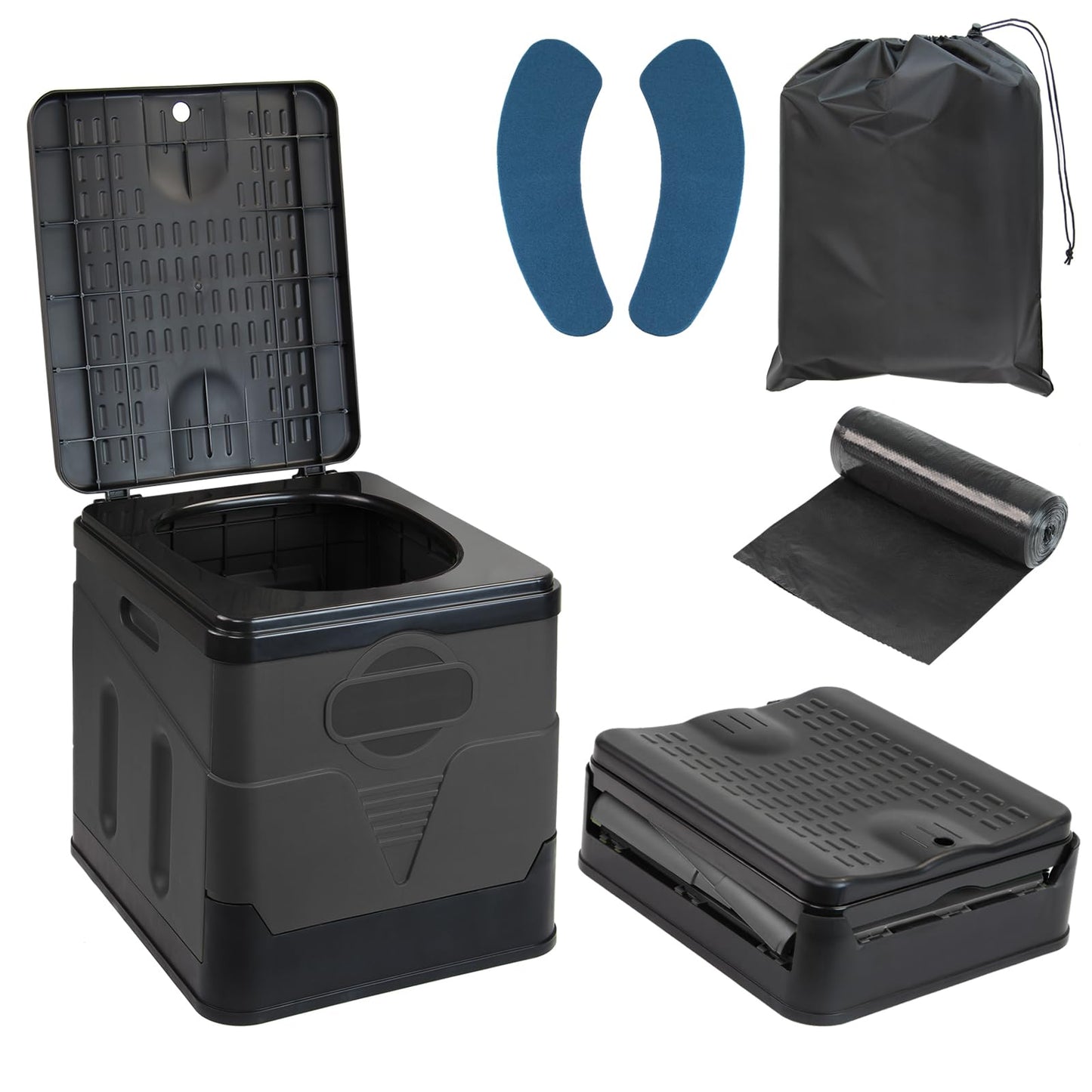 Faltbare Campingtoilette mit 12 Beuteln, grau/schwarz
