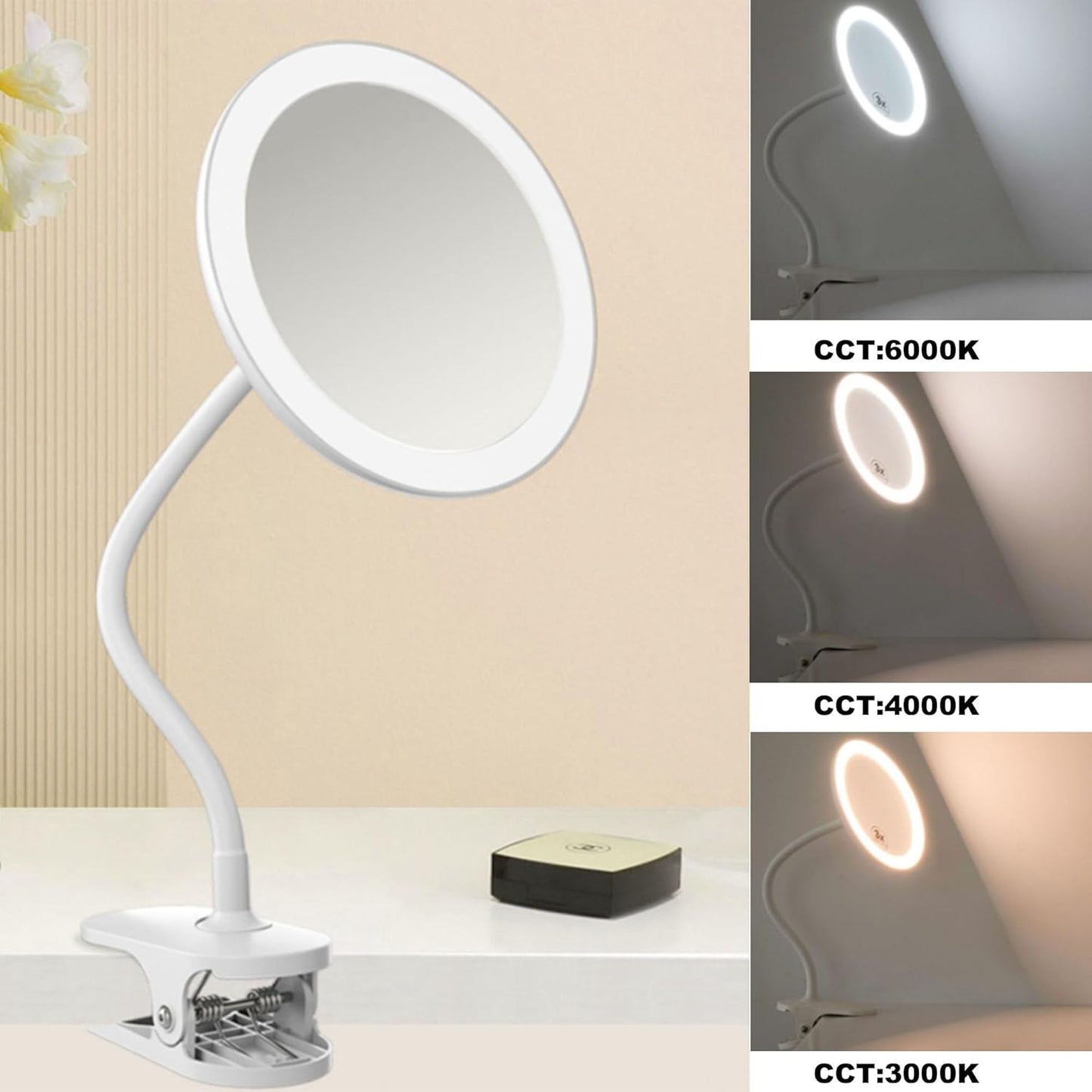 Kosmetikspiegel T03 mit LED & Schwanenhals, USB-ladbar