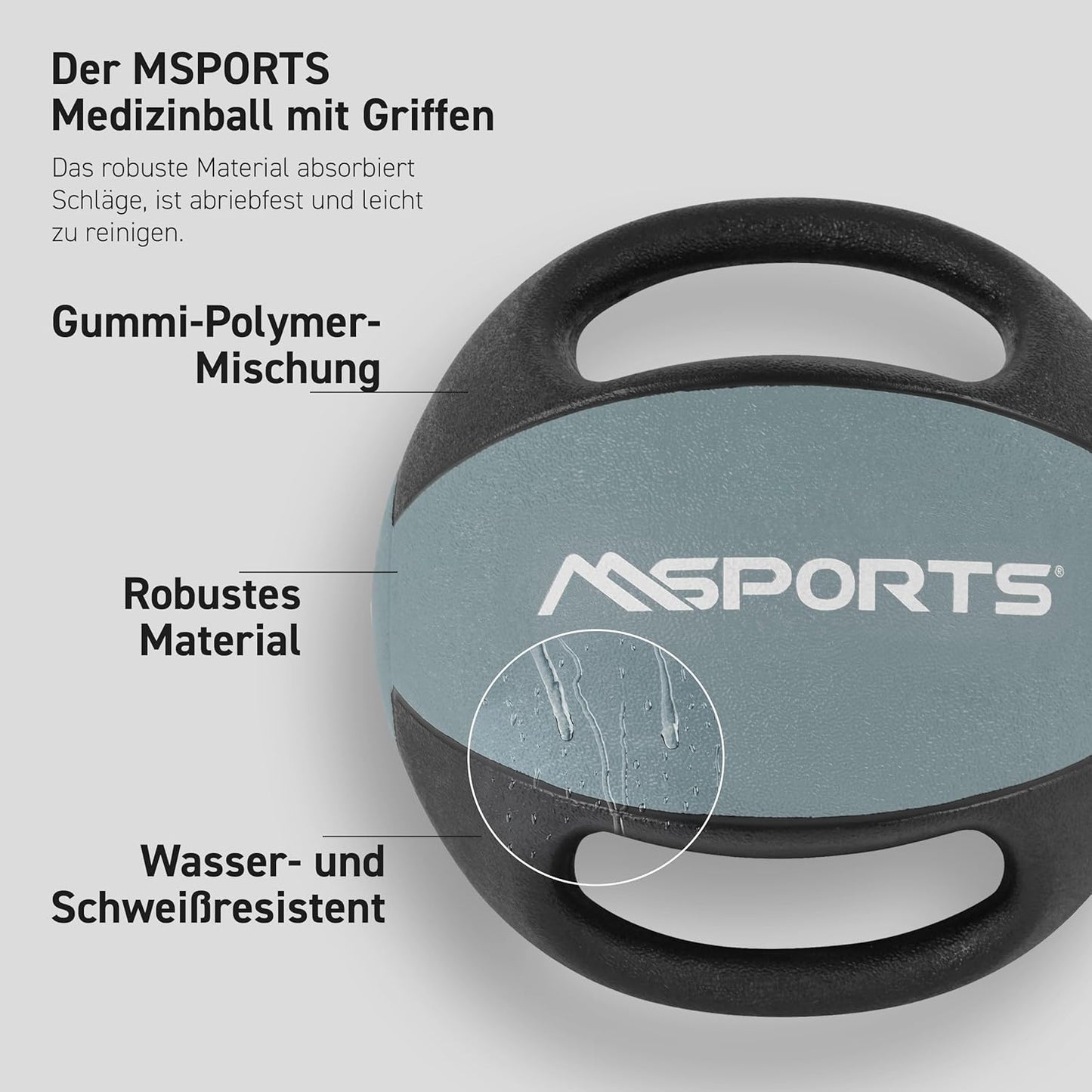 Medizinball mit Griffen, 10 kg - Hellgrau