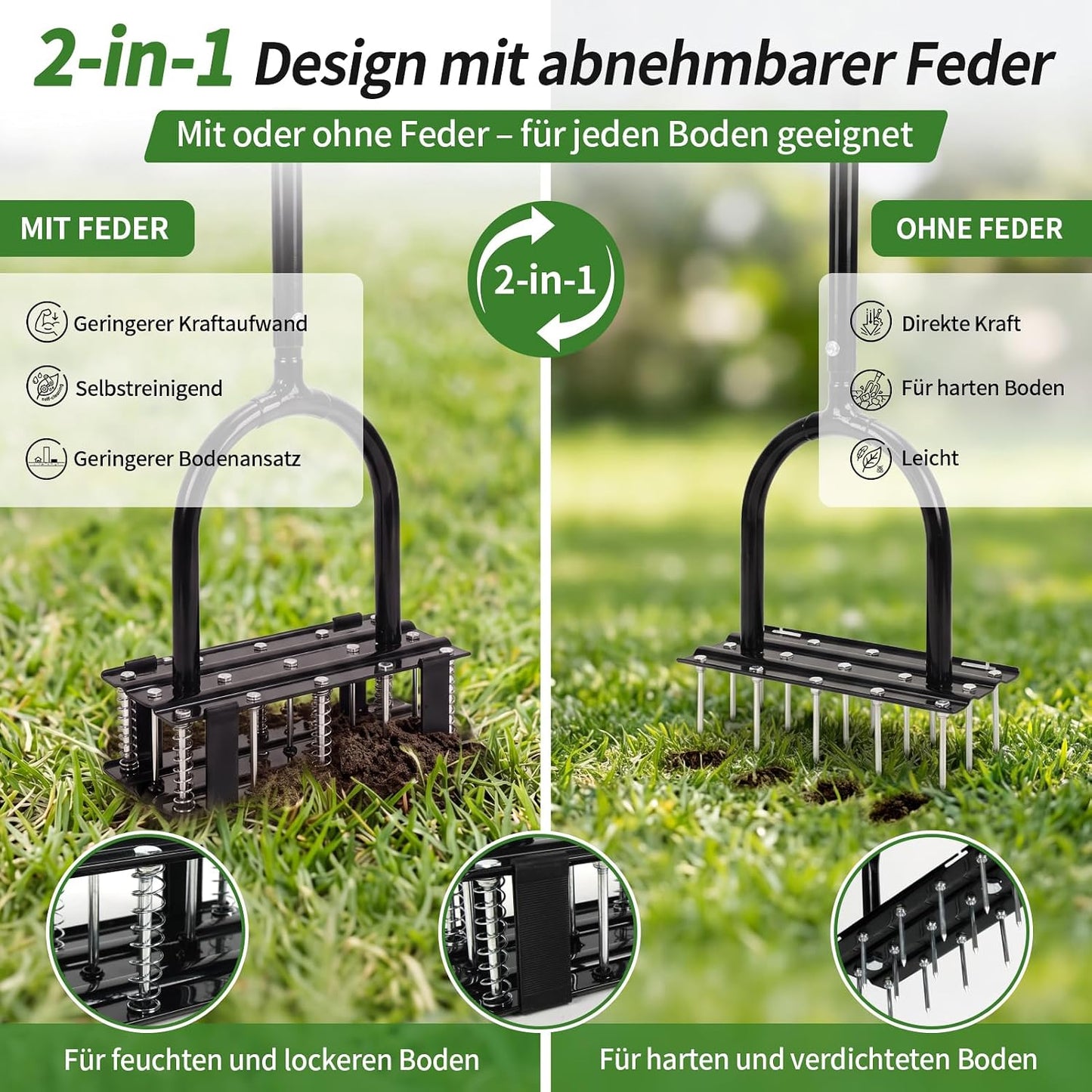 Rasenlüfter mit Stahlspitzen und Rückholfedern