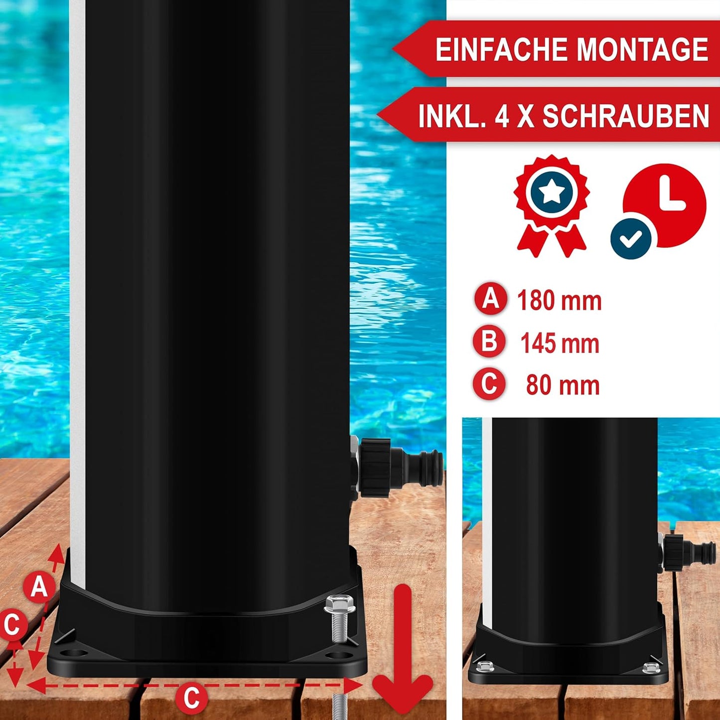 Solardusche mit Regenschutz & Thermometer, Schwarz-Silber