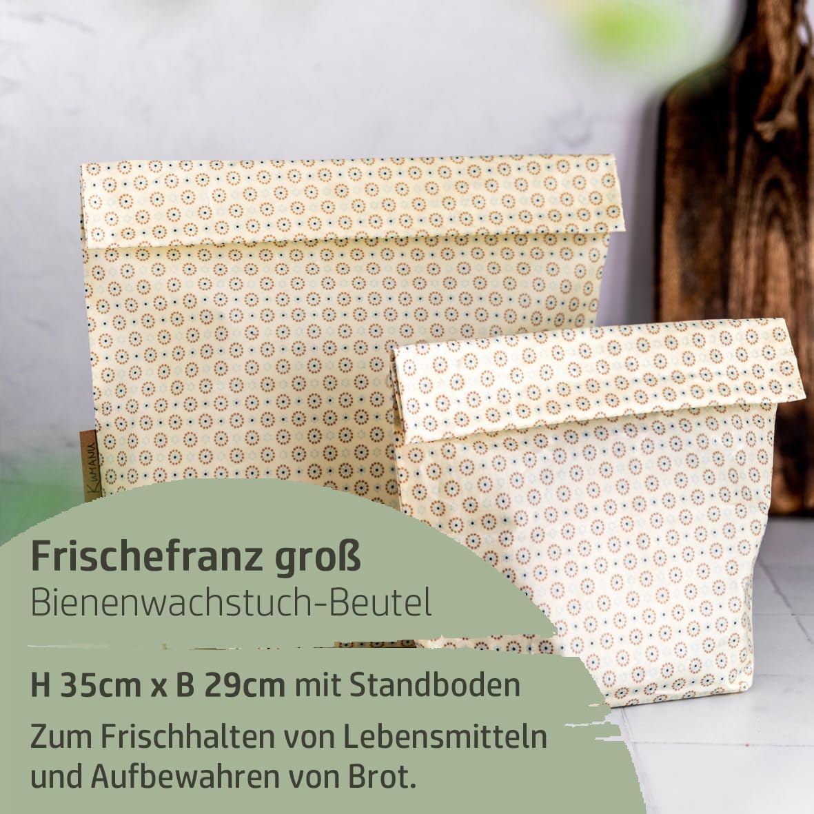 Bio-Bienenwachstuch Beutel Frischefranz mit Standboden, Gelbe Kreise