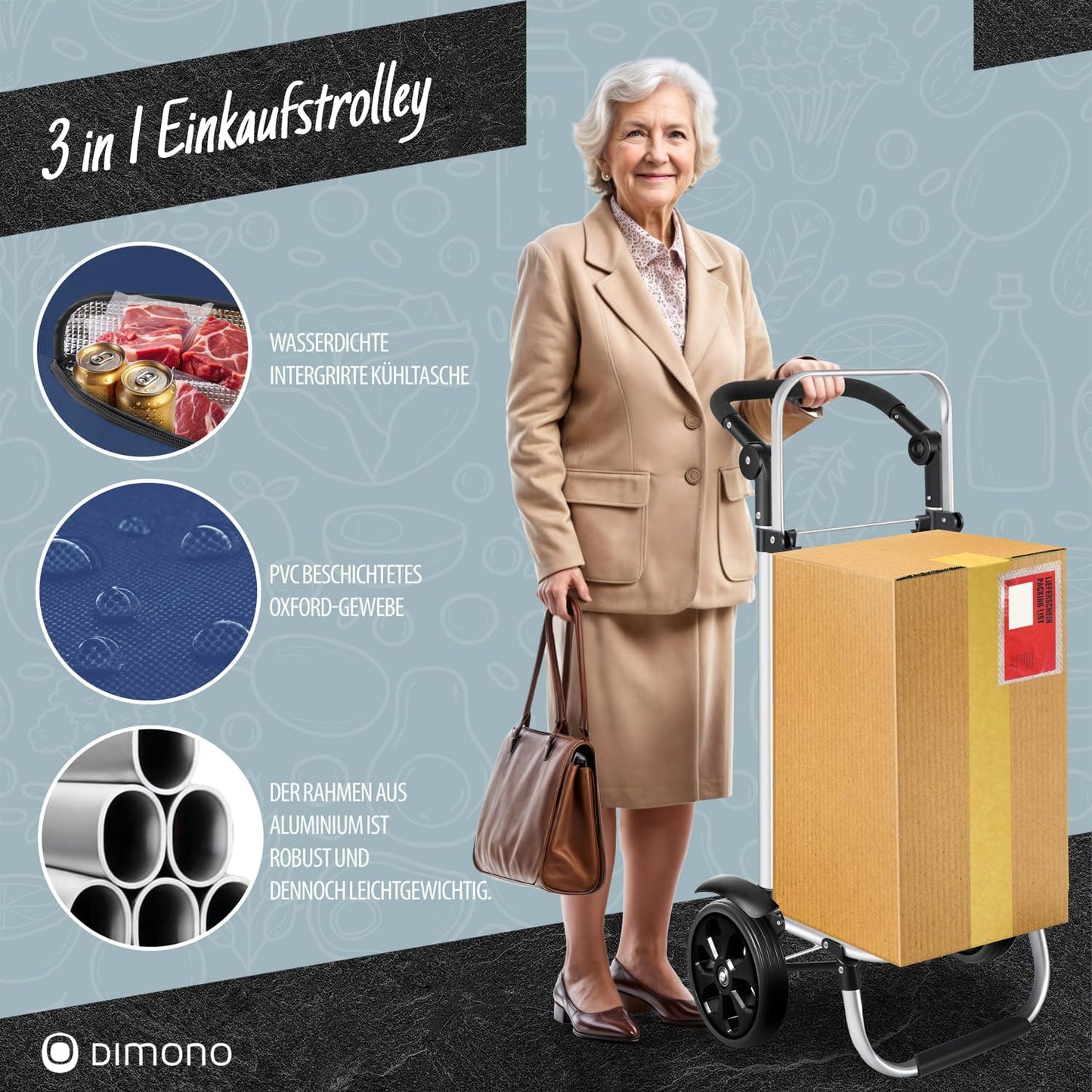3-in-1 Einkaufstrolley Rolltex mit Kühlfach (56 L), Blau