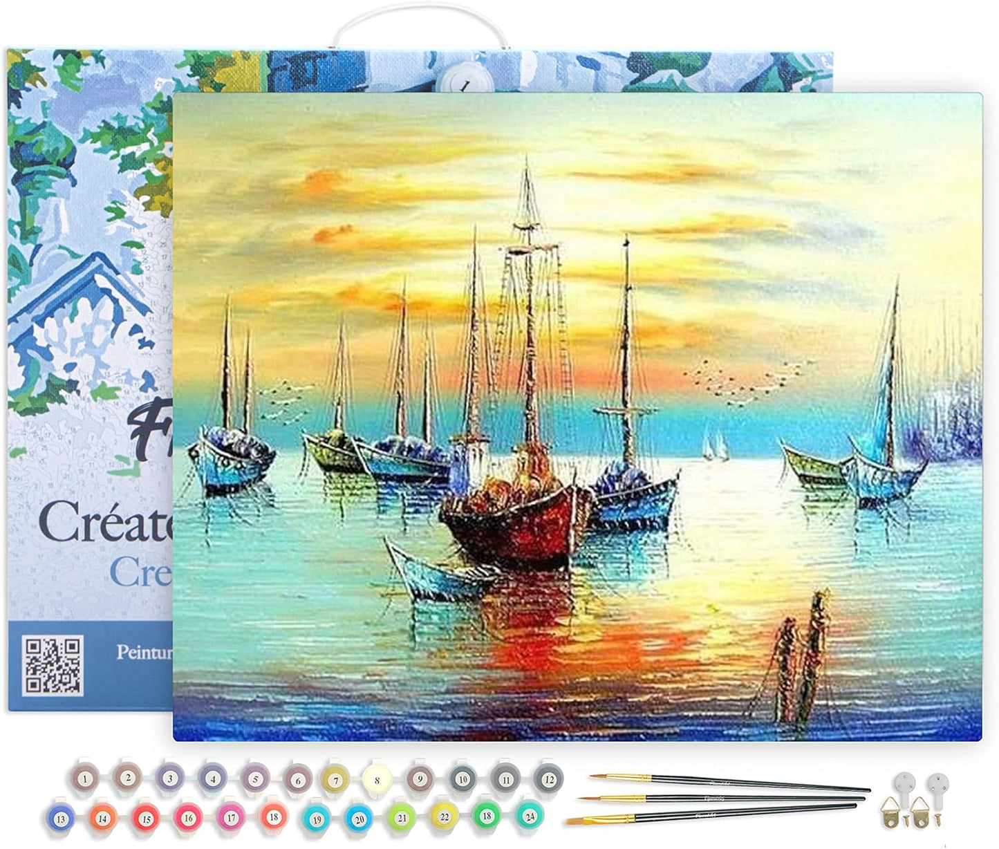 Malen nach Zahlen Set Segelboote, Segelboote an der Küste 40x50cm Mit Rahmen (bereits gespannt)