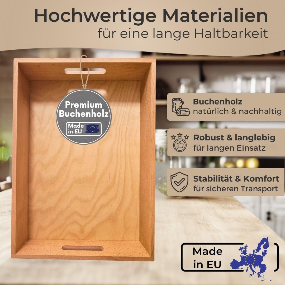 Serviertablett mit Griffen extra hoher Rand, Küchentablett Natur Büche Geölt