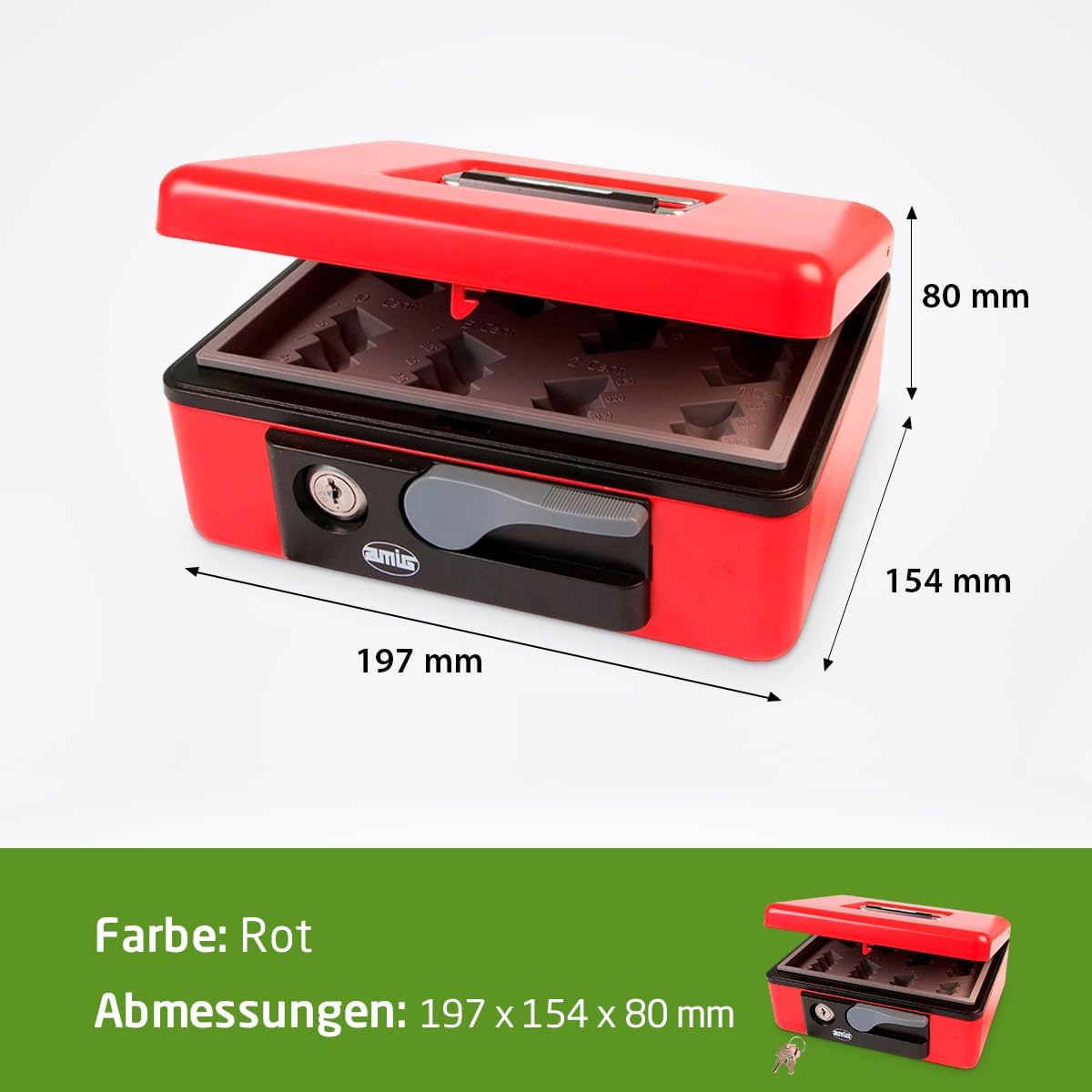 Sicherheits-Geldkassette mit Münzschale und Schlüssel, Rot 197 x 154 x 80 mm