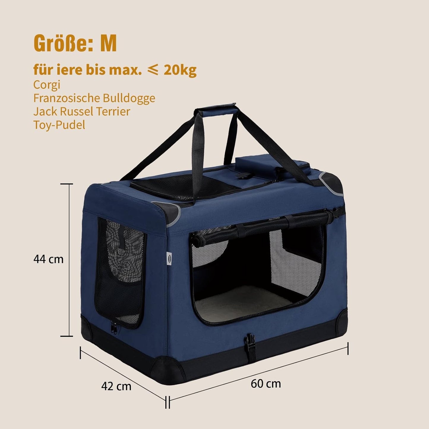 Faltbare Hundetransportbox mit Napf und Kotbeutel, M Dunkelblau