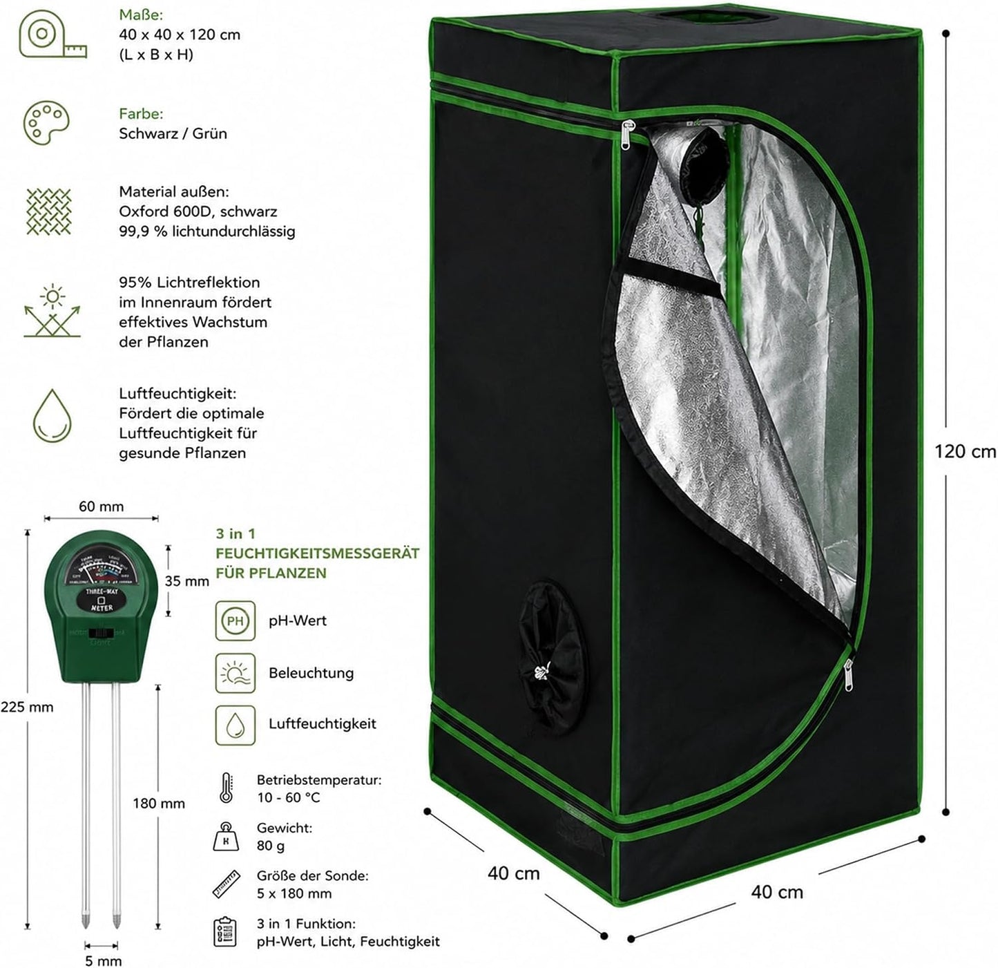 Growzelt Zuchtzelt Set, 40x40x120 cm
