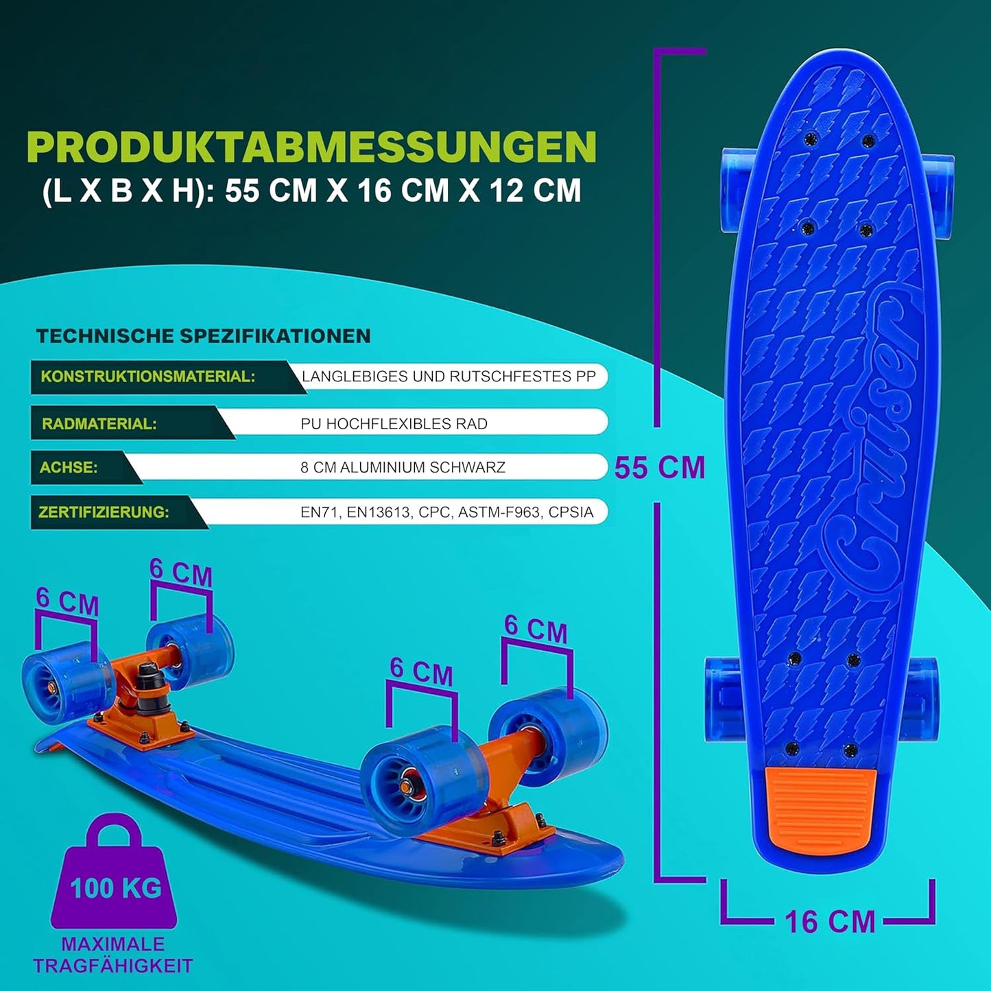 Mini Skateboard mit LED-Rollen für Kinder, Blau