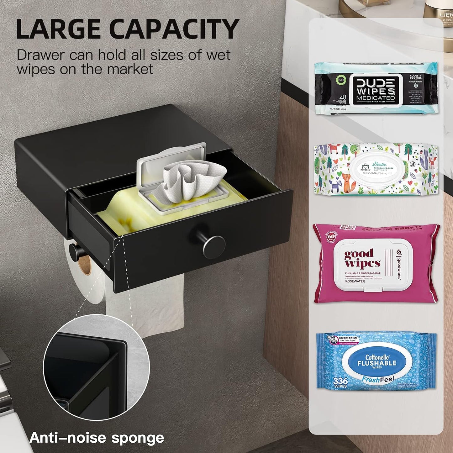 Toilettenpapierhalter mit Feuchttücherbox & Schublade, Schwarz Mit Feuchttücherbox