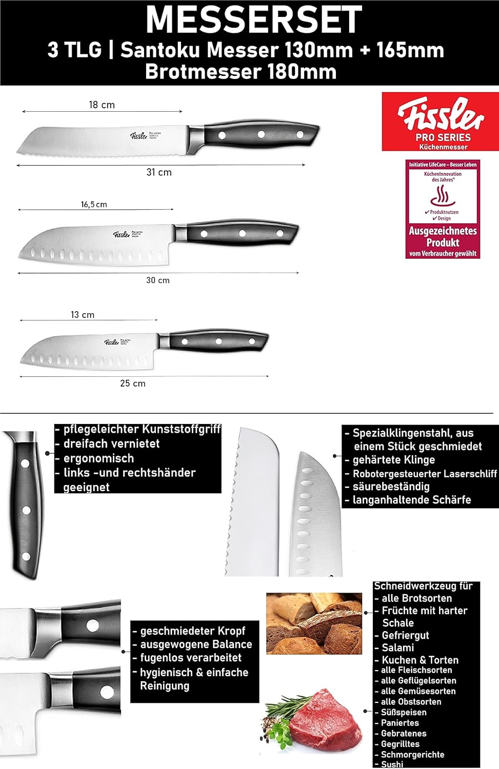 Pro Series Messerset, 3-teiliges Santoku- und Brotmesser-Set, Messerset 3 Tlg
