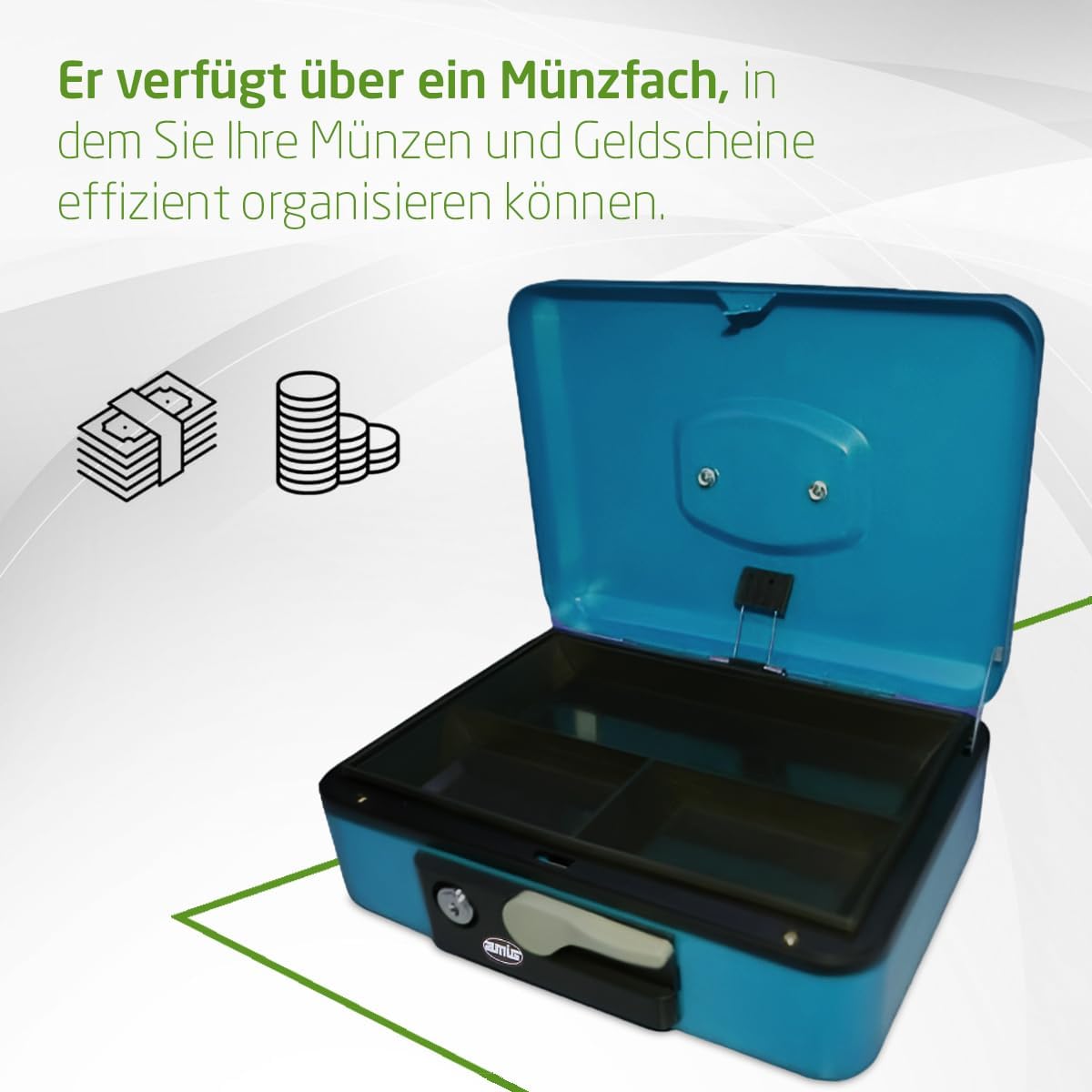 Geldkassette mit Münzfach, Blau / 230 x 185 x 80 mm