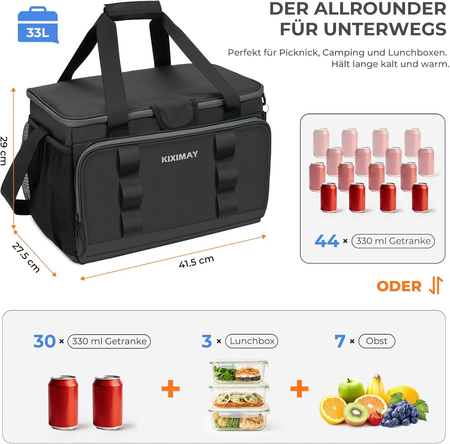 Faltbare Isoliertasche, auslaufsicher & wasserdicht, Tiefschwarz