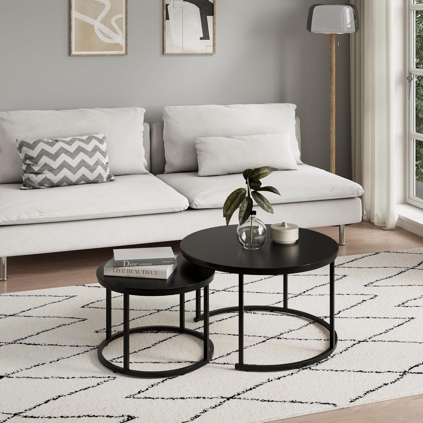 2er-Set Runder Couchtisch mit Metallgestell, Schwarz rund gross