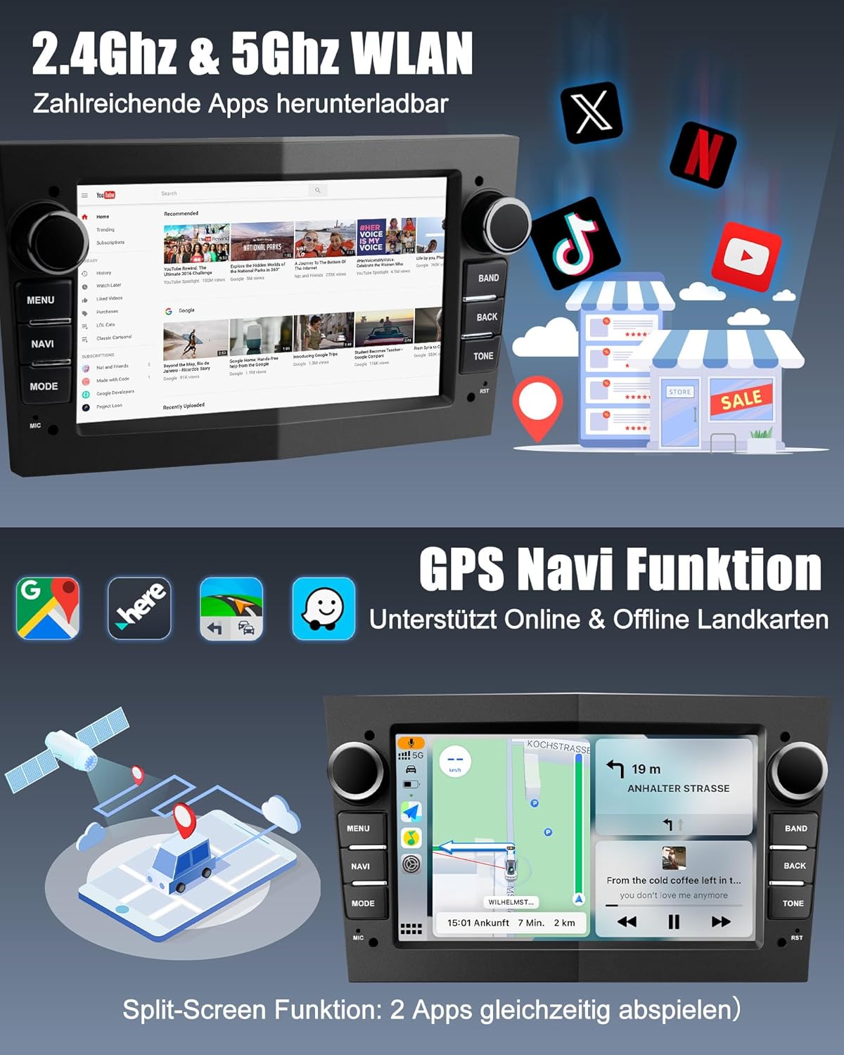 Bluetooth Autoradio mit Navi & Carplay, Opel kompatibel, Schwarz