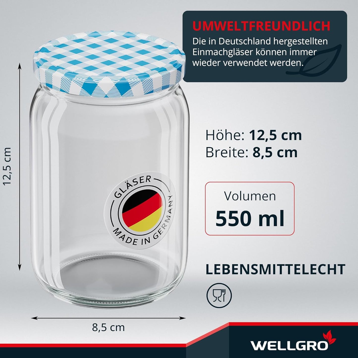 Einmachgläser mit Schraubdeckel (50 Stück, 550 ml), Blau Kariert 550 ml 50