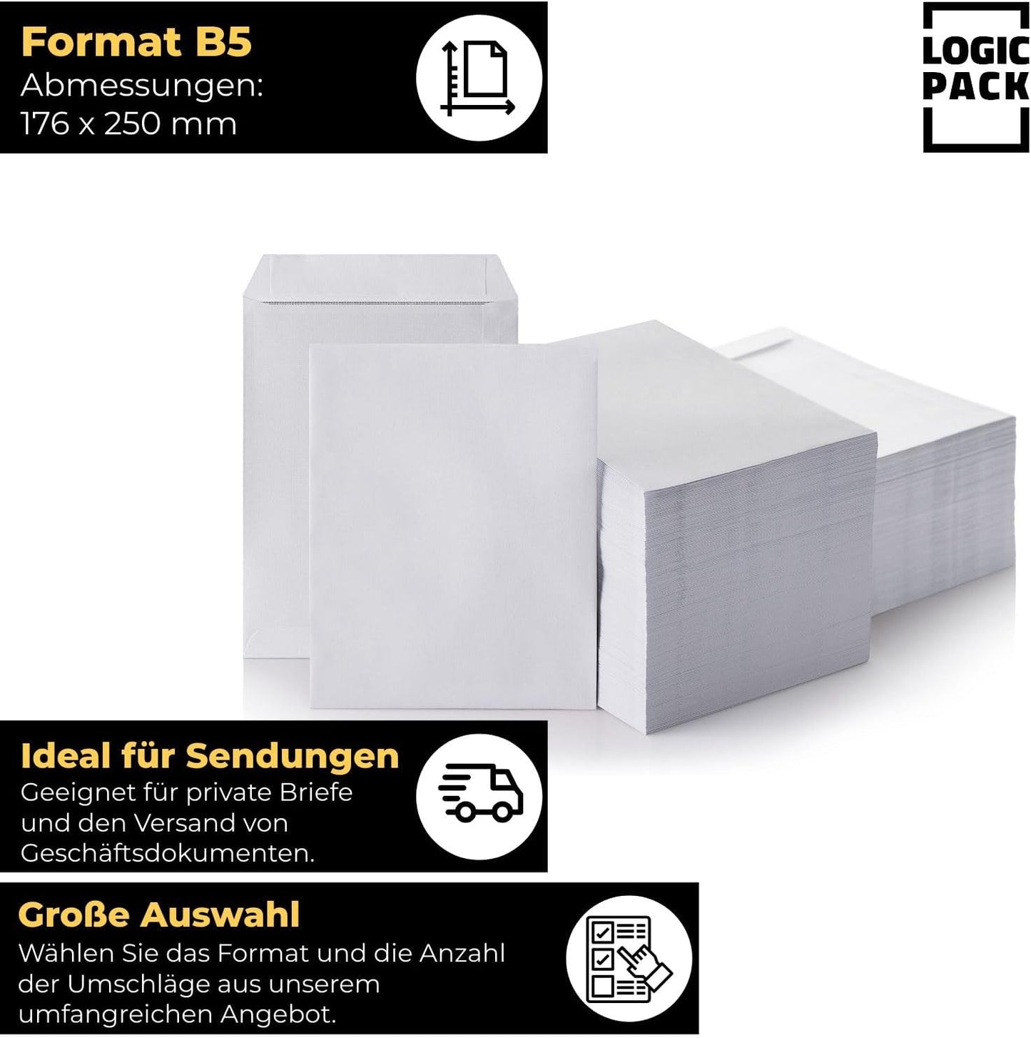 Briefumschläge DIN B5 haftklebend, 1000 Stück Weiss B5