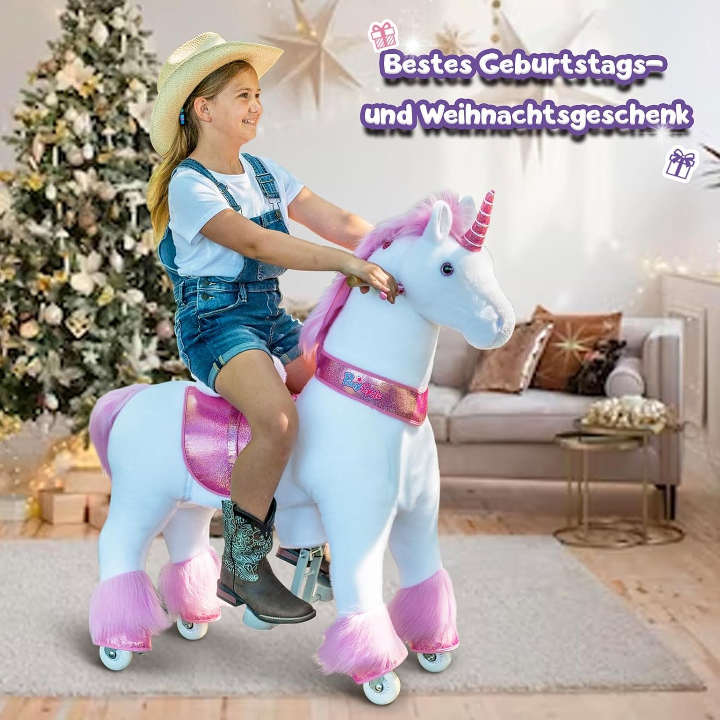 Reitspielzeug Einhorn mit Rollen, Rosa Grösse 5 für Alter 7+