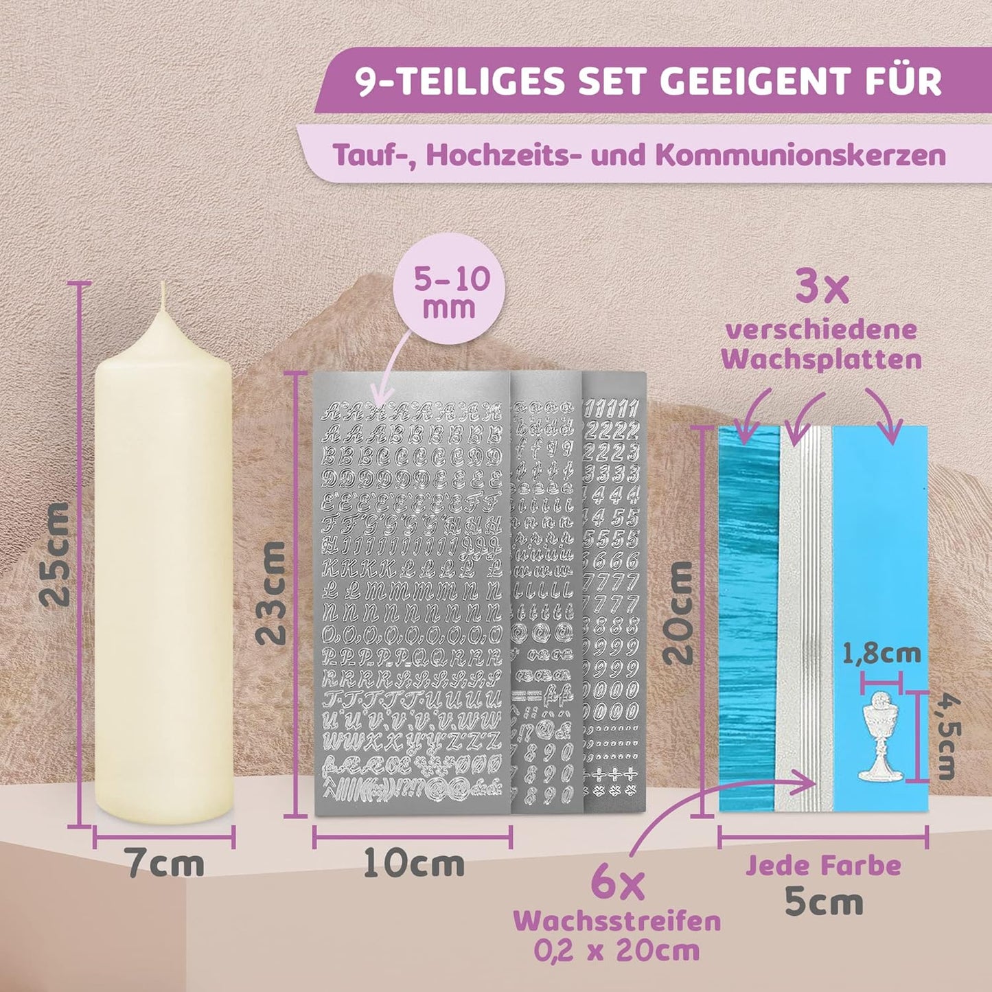 DIY Taufkerze-Set mit Buchstaben und Wachsmotiven, Türkis mit Kelch Kerze 25x7 cm | Creme