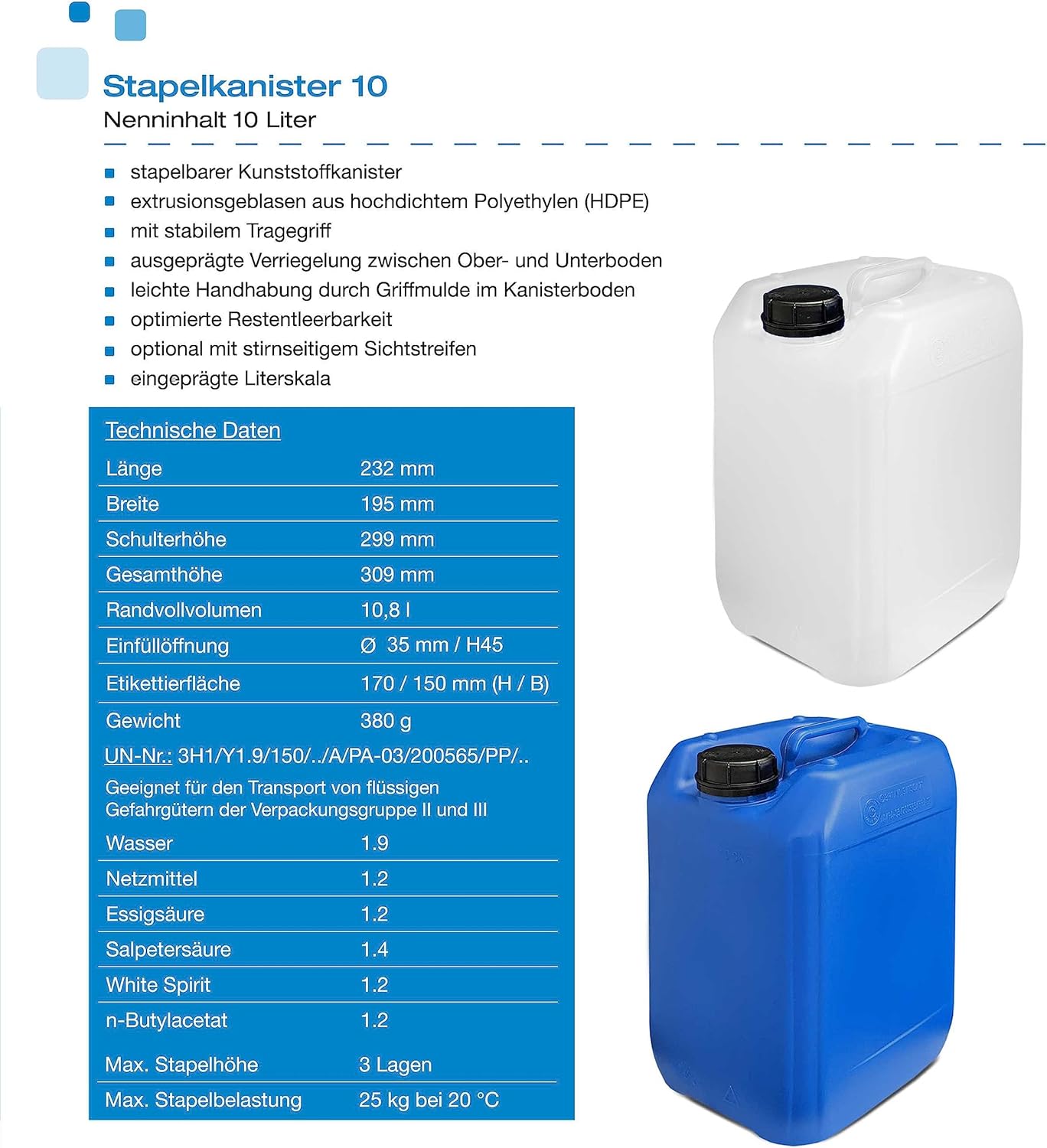 4er-Set 10L Wasserkanister, 4x10 Liter DIN 45
