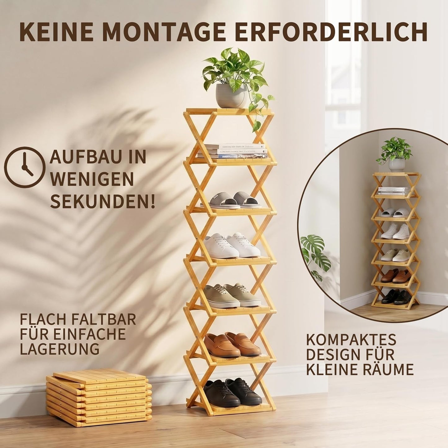 Klappbares Schuhregal, 7-stufig, platzsparend, Stammholz Verdickung 7 Schichten