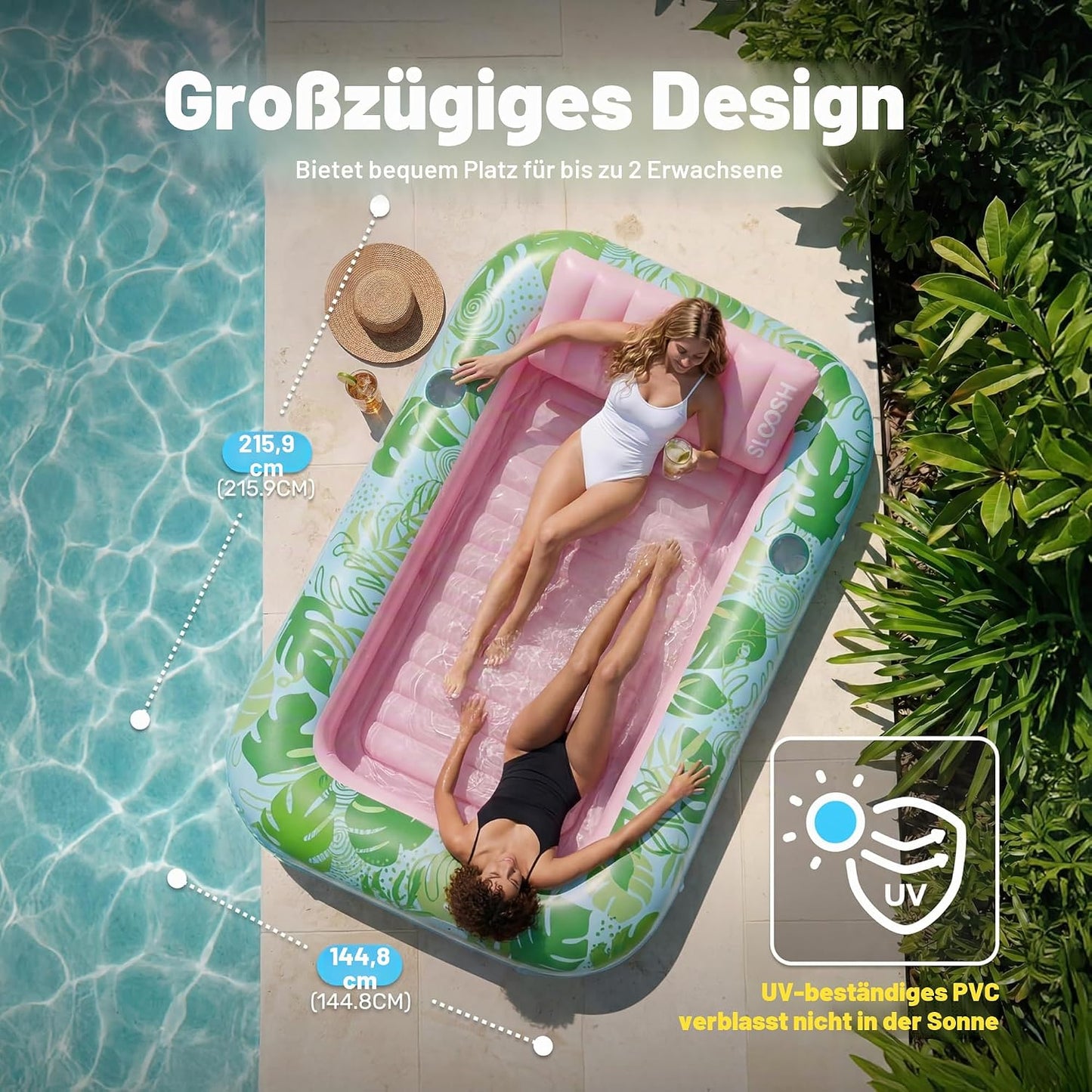 Aufblasbarer 4-in-1 Sonnenliegepool mit Kissen und Getränkehalter, Cyan Rosa XL