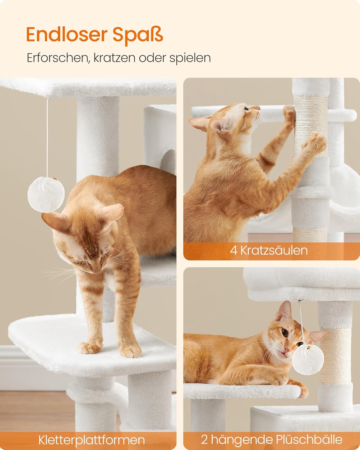 Katzenbaum mit Hängematte, M (45 x 35 x 112 cm) Cremeweiss