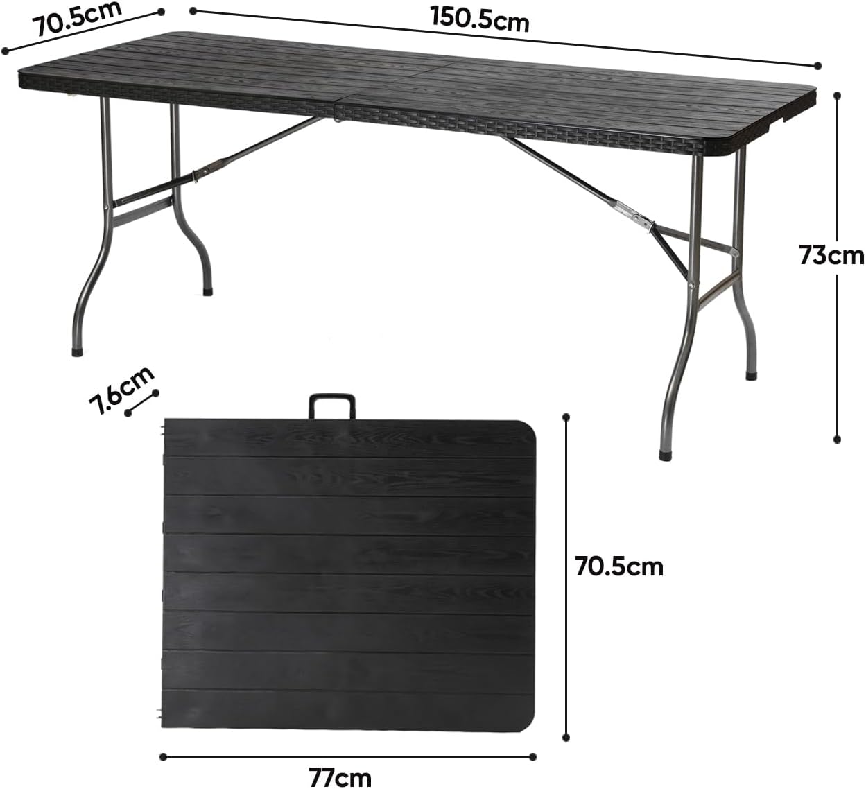 Klapptisch wetterfest für 6 Personen, Schwarz/Holzoptik 150cm