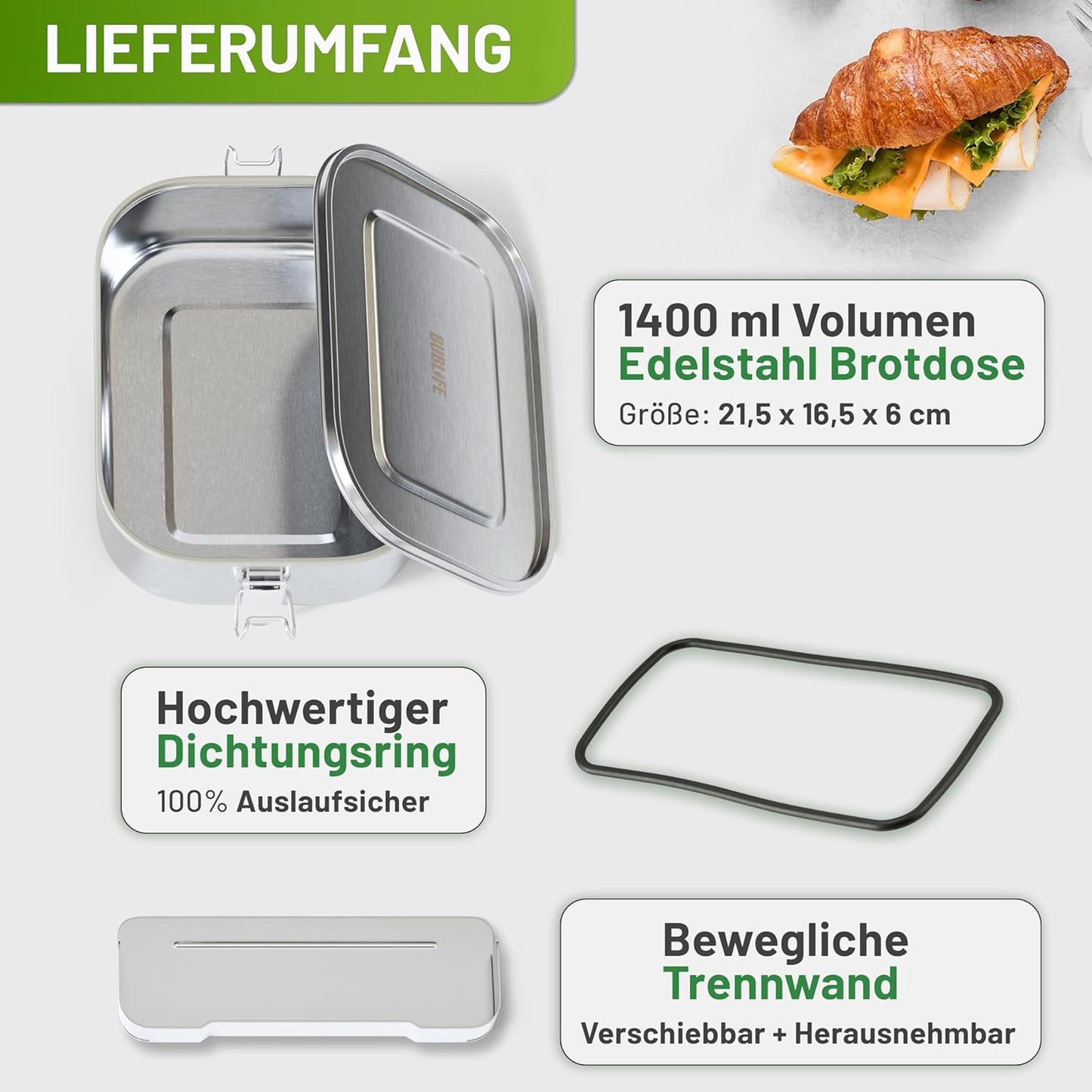 Brotdose Edelstahl mit Trennfächern (1400 ml), 1400 ml