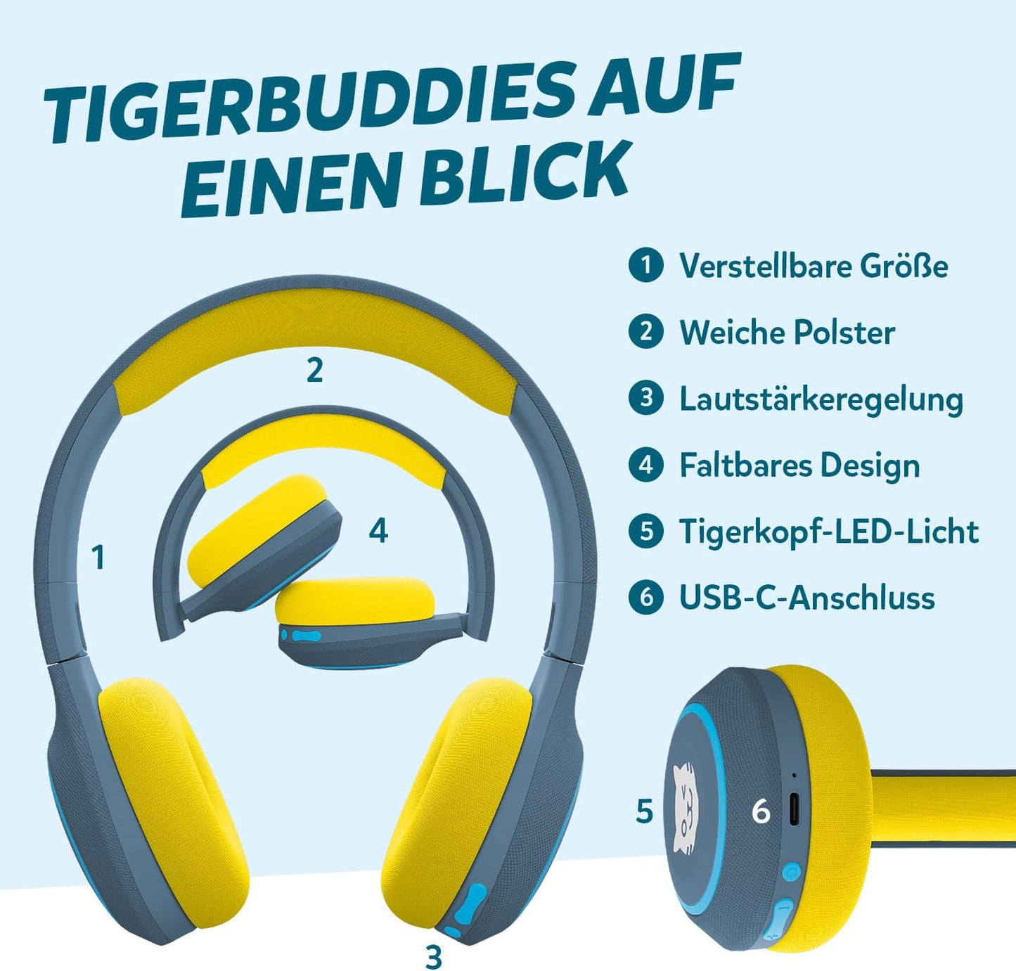 Bluetooth Kinderkopfhörer mit Lautstärkebegrenzung, dunkelblau/gelb