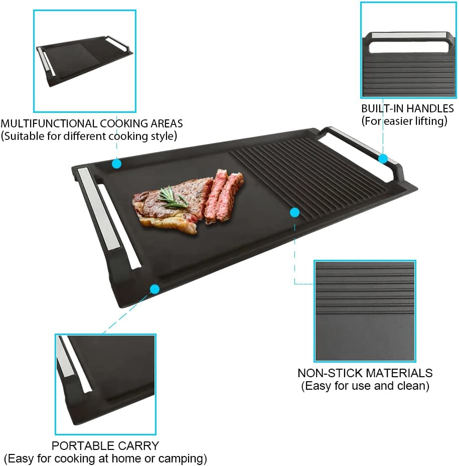 Grillplatte aus Gusseisen, 43 x 23 cm, Gerippt&Flach 43x23cm