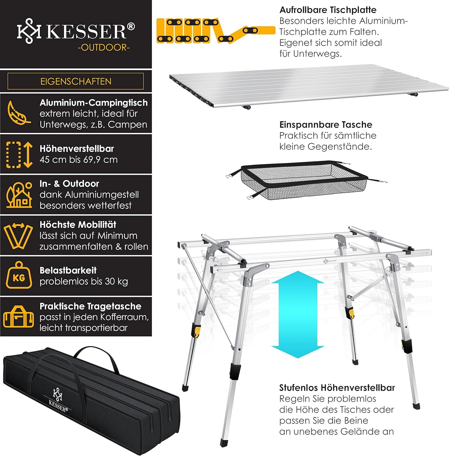 Campingtisch, 90cm x 53cm Silber