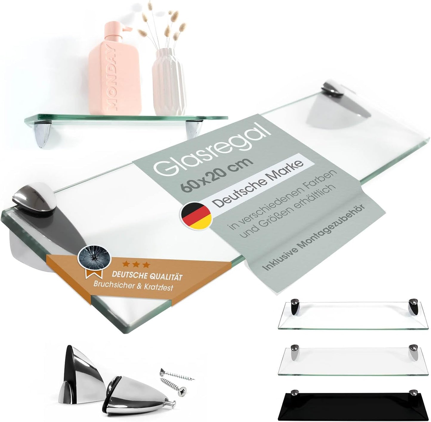 Glas Wandregal mit Sicherheitsglas, Klar / Transparent 60 x 20cm