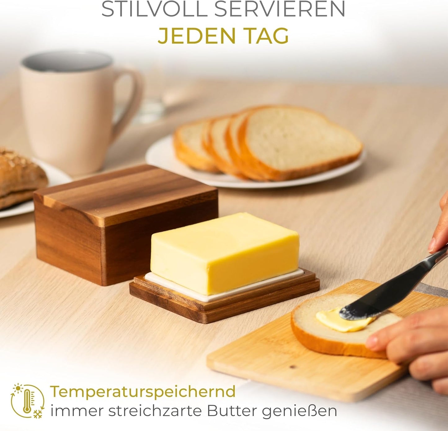 Butterdose aus Akazienholz mit Marmorplatte