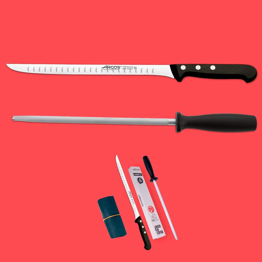 3-teiliges Schinkenmesser-Set inkl. Wetzstahl, Schinkenhalter + Schärfer