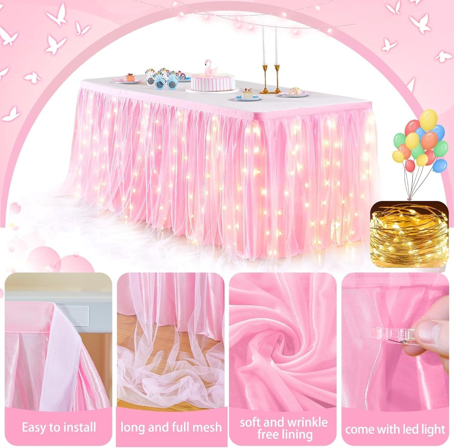 Tischrock mit LED, Rosa mit Led L183*H76cm