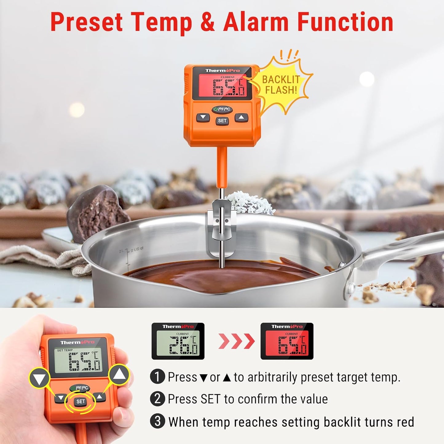 Fleischthermometer TP511 mit Sonde und Topfclip, Alarm & Clip