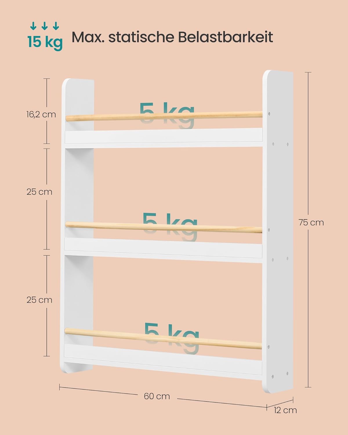 Bücherregal mit 3 Ebenen, Weiss + Naturfarben 3 Ebenen (60 cm)
