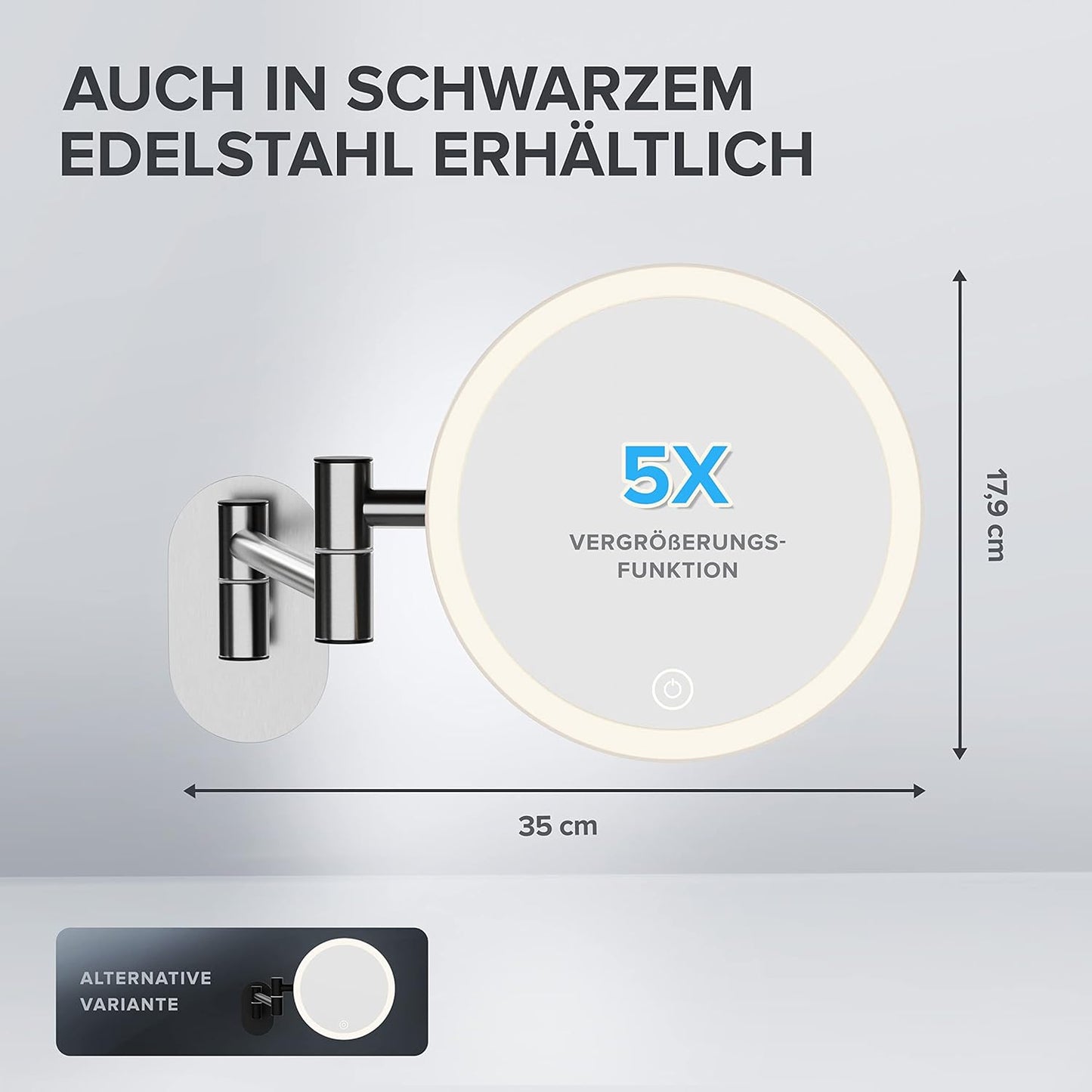 Kosmetikspiegel mit Beleuchtung, 5x Vergrösserung, Wandmontage, Silber - Ohne Bohren Zum Kleben
