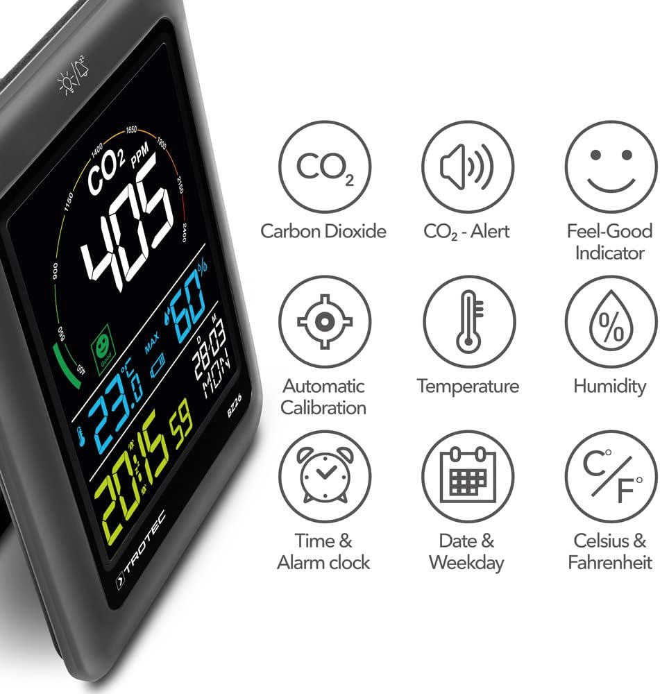 CO2 Messgerät BZ26 Luftqualitätsmonitor, Mit Wohlfühlindikator