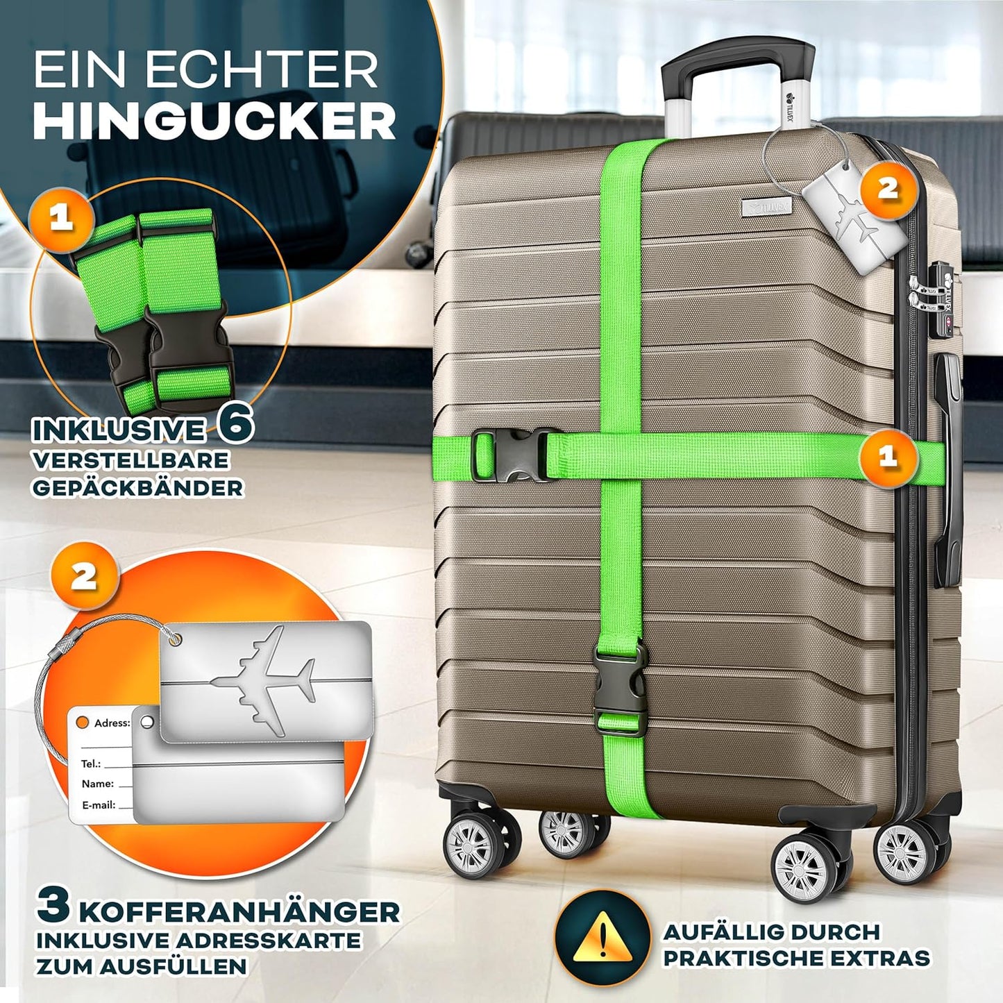 3-teiliges Reisekoffer Set mit Gepäckwaage & Kofferzubehör, Roségold Kofferset 3tlg