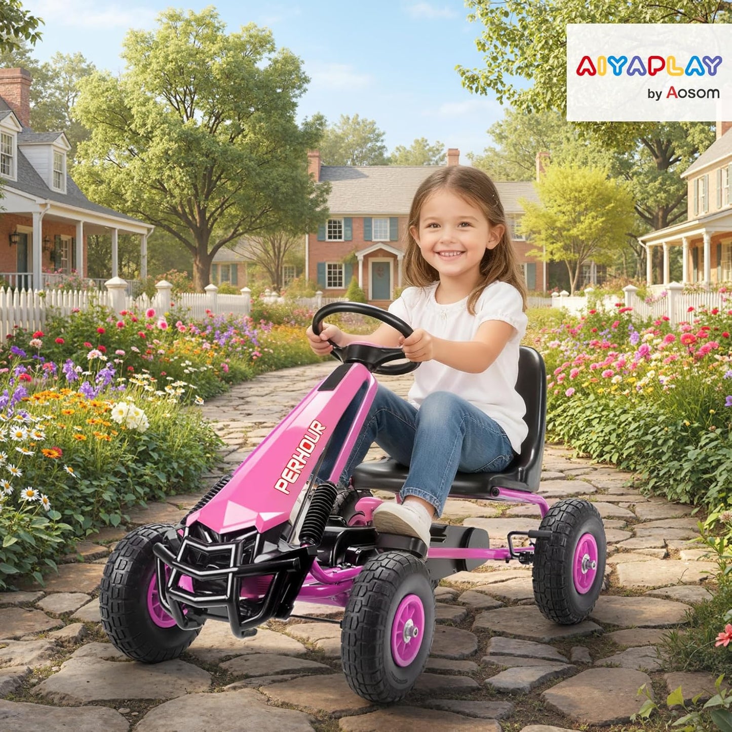Kinder-Gokart mit verstellbarem Sitz und Handbremse, Rosa