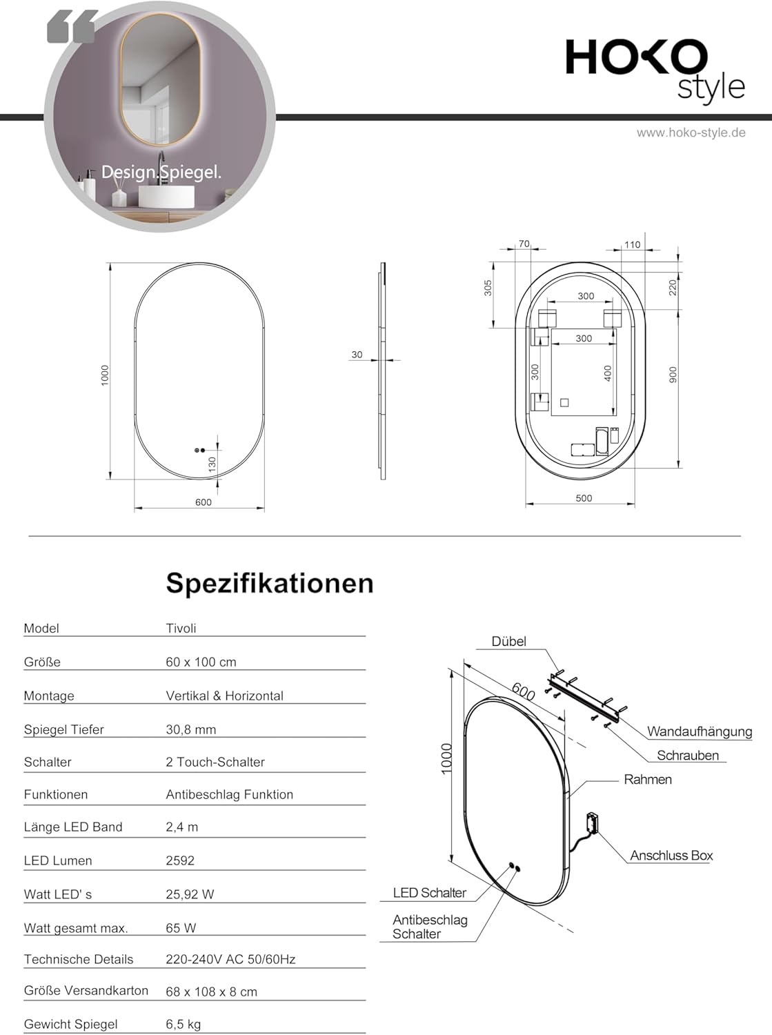 Ovaler LED Spiegel Tivoli mit Antibeschlagfunktion 60x100 cm, Gold-oval Antibeschlag 100L x 60B cm