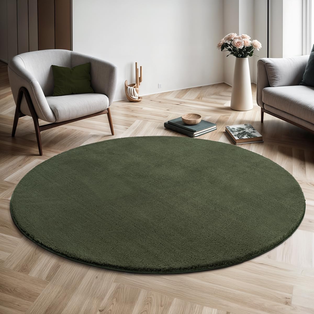 Relax Badezimmerteppich, rutschfest, flauschig und waschbar, 120 cm Rund Dunkelgrün