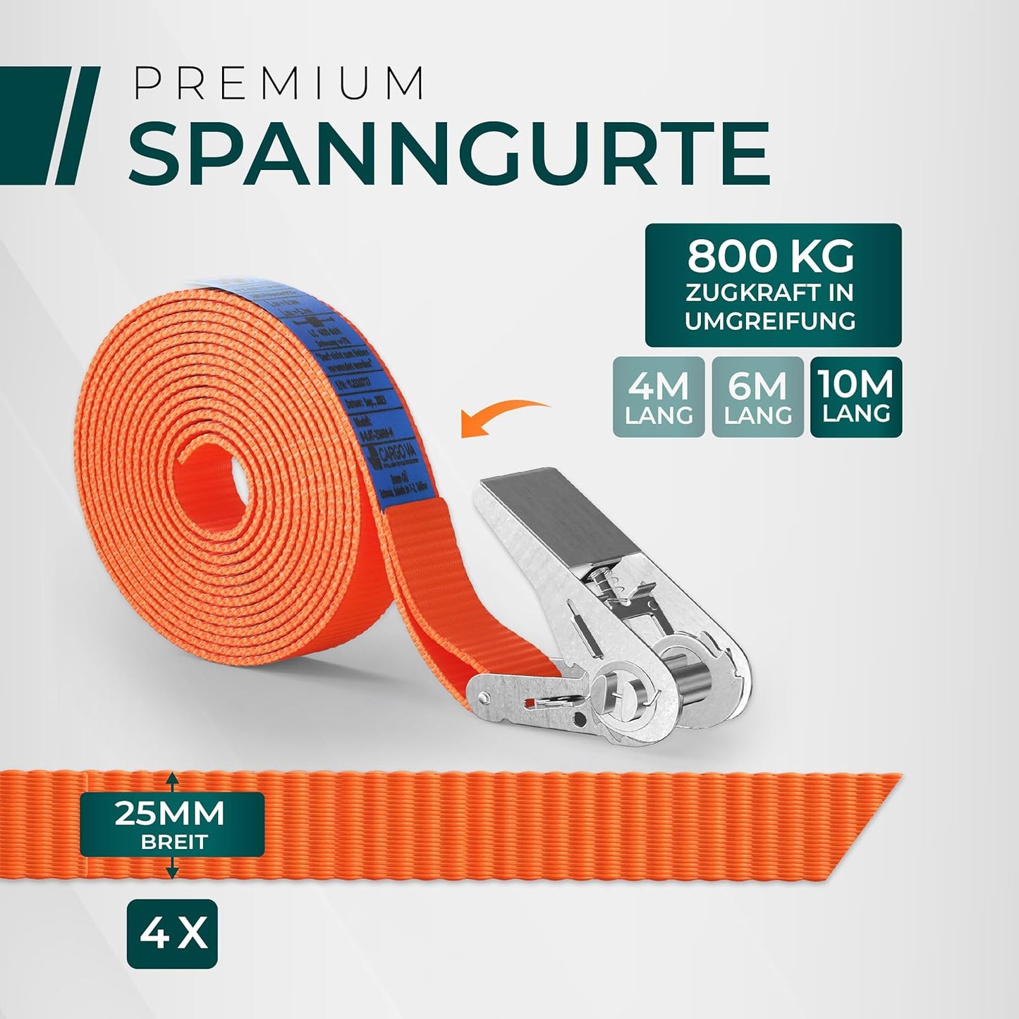 Robuste 800 kg Spanngurte 4er Set, Ohne Haken 10M