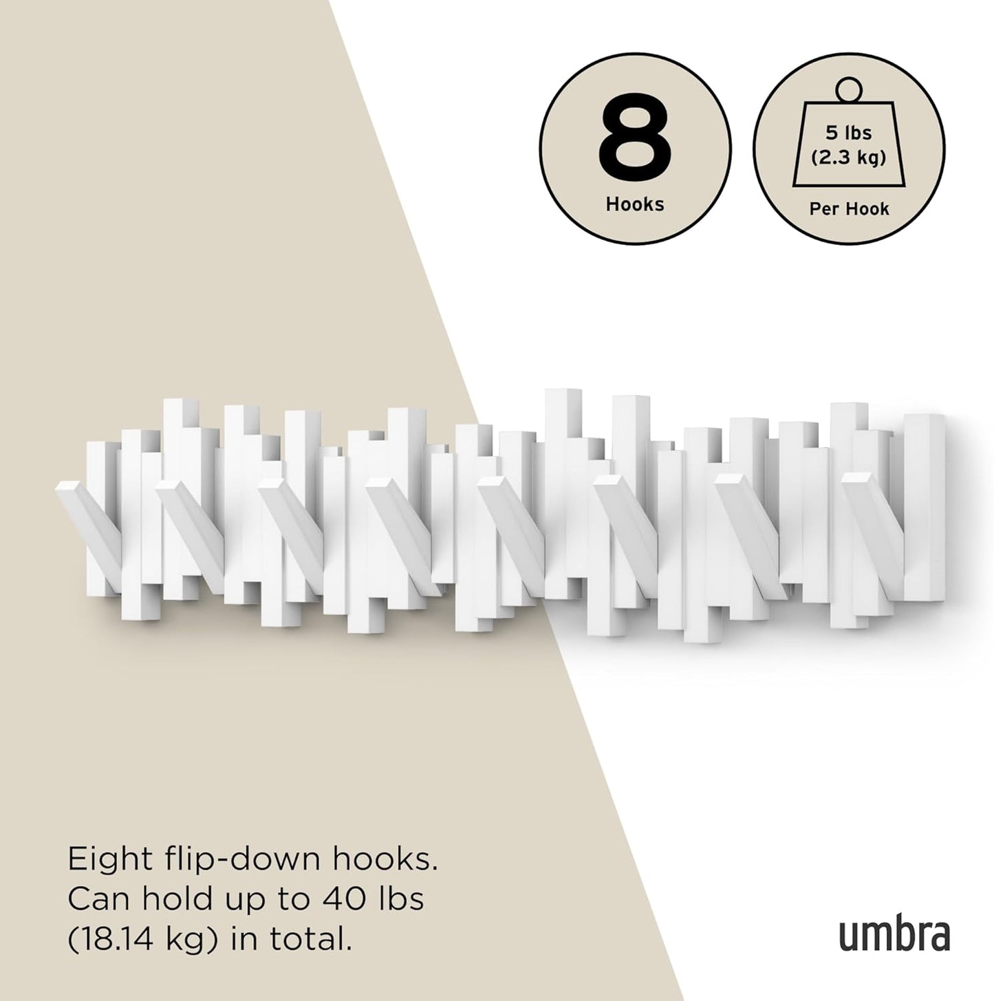 Stäbchen-Garderobe mit 8 Haken, 8 Haken Weiss